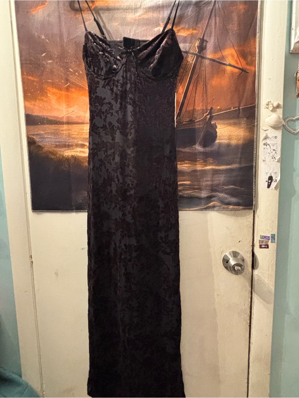 Long Black Velvet Slip Maxi Dress with Floral Burnout